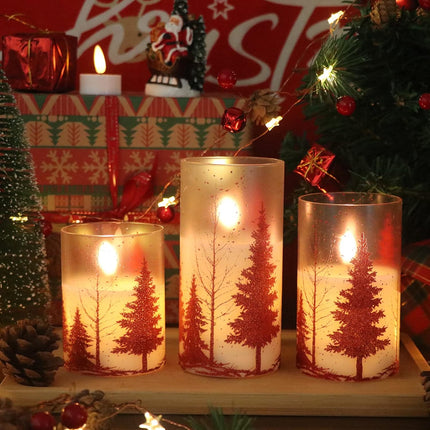 DRomance Christmas Tree Glass Flameless Candles with Remote Timer Battery Operated Real Wax 3D Wick LED Flickering Pillar Candles Christmas Holiday Decor(Red, 3 x 4,5,6 Inch)