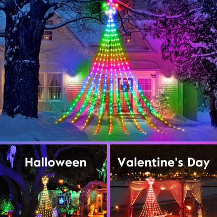 Outdoor Christmas Star String Lights, Smart RGB Waterfall Tree String Light with APP Remote Control, DIY Modes Dimmable Timer Music Sync Shooting Star Fairy Lights for Indoor Outdoor Garden Decoration