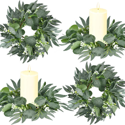 Thinkday 4 Pcs Candle Rings Artificial Eucalyptus Leaves Wreath Small Boho Wreath Pillar Candle Holder for Spring Summer Wedding Home Door Tabletop Decoration