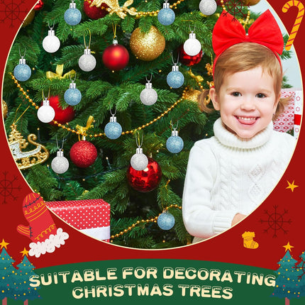 Liliful 72 Pcs Mini Christmas Balls Mini Xmas Ball Tree Hanging Ornaments Glitter Christmas Ball for Christmas Tree Party Wedding Indoor Outdoor Holiday Decoration (White, Silver, Blue,1.18 Inch)
