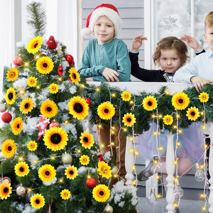 Crowye 124 Pcs Christmas Sunflower Tree Ornaments Yellow Sunflower Christmas Decorations Big Artificial Sunflowers Tree Topper Mini Sunflower Ornaments Bulk with 2 String Lights for Christmas Tree
