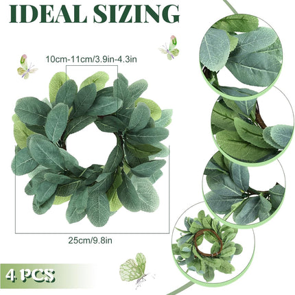4 Pieces Candle Rings Artificial Eucalyptus Leaves Wreaths Candle Rings Wreaths Small Boho Wreath Pillar Candle Holder for Wedding Home Door Tabletop Decoration (Cute Leaf Style)