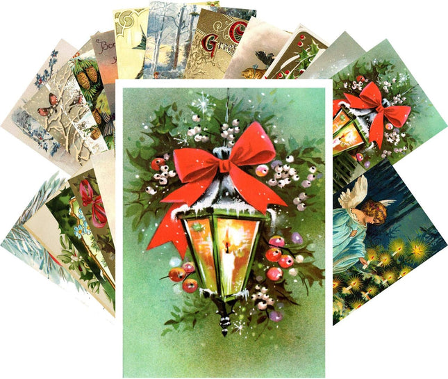 PIXILUV Vintage Christmas Greeting Cards 24pcs Christmas Tree Wreath Garland Ornaments Reprint Postcard Set