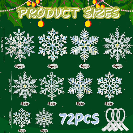 72Pcs Snowflakes Christmas Tree Decorations - Iridescent Christmas Tree Ornaments Hanging Glitter Snowflakes for Christmas Tree Winter Holiday Party Wall Ceiling Window Decorations