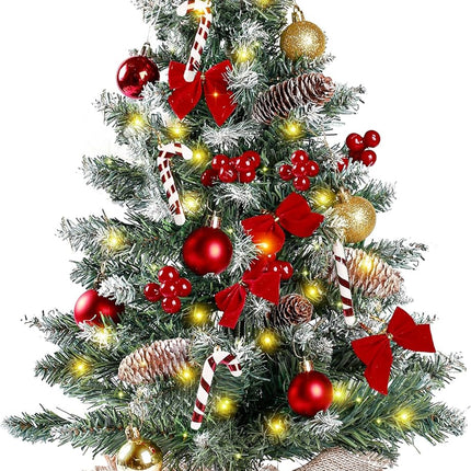 Sggvecsy 23.6’’ Mini Snow Frosted Christmas Tree Table Top Lighted Artificial Xmas Tree Star Treetop Pine Cones Red Bows Balls Candy Canes Red Berries Hanging Ornaments DIY Holiday Indoor Decorations