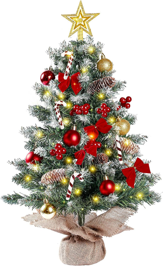 Sggvecsy 23.6’’ Mini Snow Frosted Christmas Tree Table Top Lighted Artificial Xmas Tree Star Treetop Pine Cones Red Bows Balls Candy Canes Red Berries Hanging Ornaments DIY Holiday Indoor Decorations
