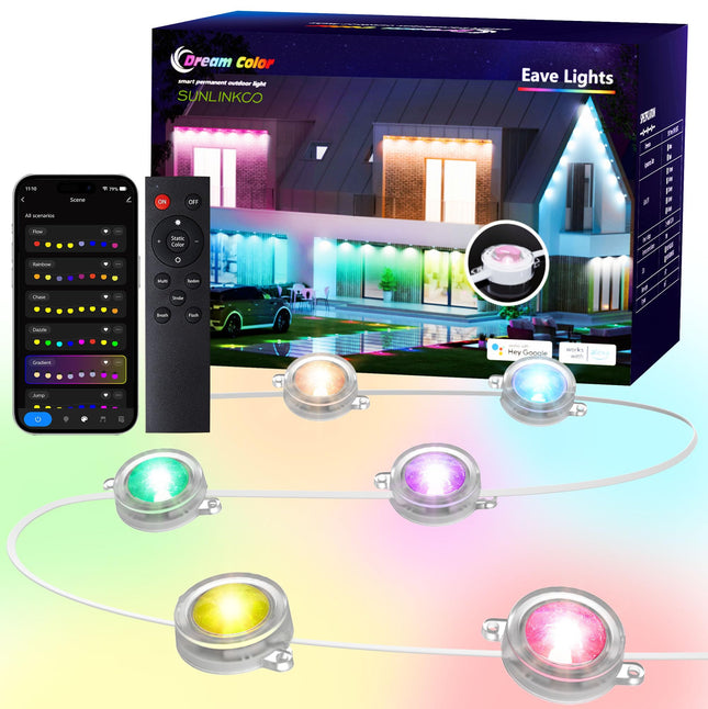 RGB+IC Permanent Outdoor Lights for House Garden, 50Ft Smart Eave Lights, String Lights, IP67 Waterproof, for Christmas Halloween Decor Birthday with Alexa, Google Assistant APP/Remote Control