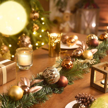 Valery Madelyn 6 ft Pre-Lit Christmas Garland with Light for Mantle, Lighted Battery Operated Xmas Garland with Bronze Copper Gold Ball for Front Door Fireplace Table Centerpiece Outdoor Window Decor