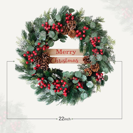 Christmas Decor - 24nch Artificial Christmas Wreath with Eucalyptus Leaves, Pine Cones and Berry Clusters，Winter Front Door Wreath for Indoor Outdoor Farmhouse Festival Home Decor