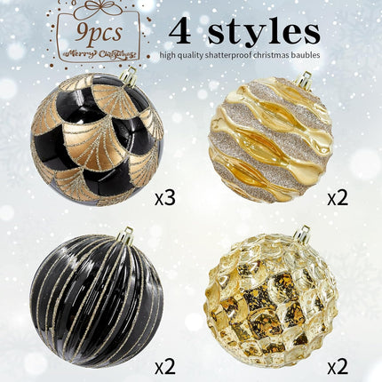 9-Pack 4 Inch/100MM Large Black Gold Christmas Ball Ornaments with Hooks for Xmas Tree Decoration and Holiday Winter Party Halloween Decorations