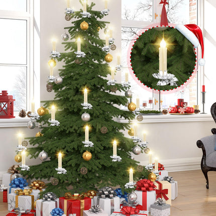 60 Pcs LED Christmas Tree Candles Set 30 Christmas LED Taper Flameless Candles with Remote Timer and 30 Christmas Tree Candle Holder Clip Flower Shape Candles Clips for Christmas Tree (Silver)