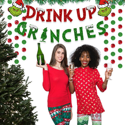 Drink Up Grinches Banner, Glittery Christmas Decorations Banners Winter Holiday Garland Photo Props Banner for Party Home Decorations