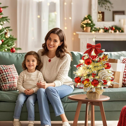 Mini Christmas Tree,22 Inches Artificial Tabletop Christmas Tree with 50 Lights(8 Modes),Snow Flocked Small Christmas Tree with DIY Ornaments Balls Bowknot for Christmas Decor Home Indoor