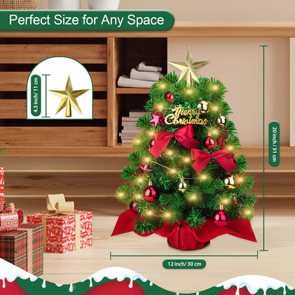 Mini Christmas Tree with Lights, Small Prelit Tabletop Christmas Tree 20”, Miniature Pine Artificial Xmas Tree with Ball Star Bowknot Ornaments for Holiday Season Desk Decoration Centerpiece