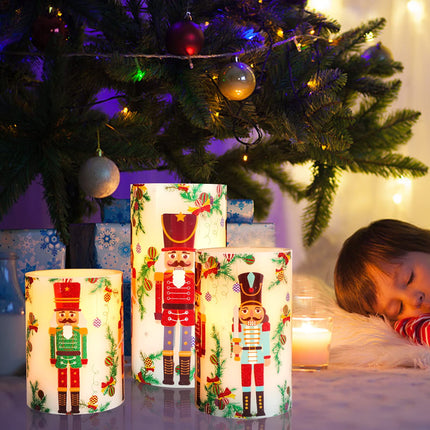 Flameless Christmas Candles Battery Operated, Realistic Flickering Flameless Candles with Timer & Remote, Holiday Led Pillar Candles for Holiday Decorations, Nutcracker