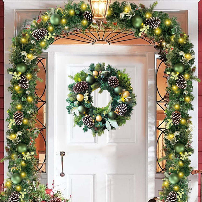 WANNA-CUL Pre-Lit 20 Inch Lighted Christmas Wreath for Front Door Decoration with Green Gold Christmas Ball Ornaments,Battery Operated 30 LED Lights