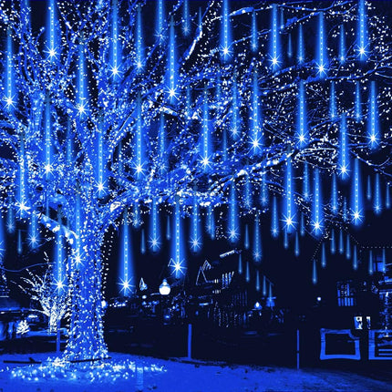 Meteor Shower Lights Outdoor Christmas Lights UL Falling Rain Drop Lights Snowfall Icicle Cascading String Lights for Xmas Holiday Tree Garden Decor Blue, 12Inch 8Tubes