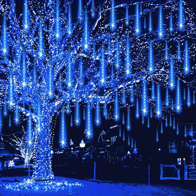 Meteor Shower Lights Outdoor Christmas Lights UL Falling Rain Drop Lights Snowfall Icicle Cascading String Lights for Xmas Holiday Tree Garden Decor Blue, 12Inch 8Tubes