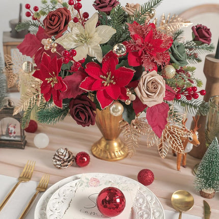 Christmas Flowers Artificial,Red Poinsettias Artificial Christmas Flowers and Greenery Deluxe Combo Set for DIY Tree Ornaments Xmas Wreath Floral Arrangements Centerpieces