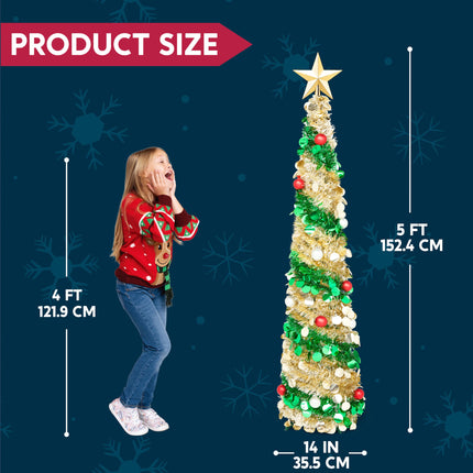JOIEDOMI 5 Ft Pre-lit Pencil Christmas Tree, Pop up Christmas Tinsel Tree with Lights and Ornaments, Skinny Collapsible Christmas Tree with Timer for Xmas Decorations Indoor Outdoor Holiday Party