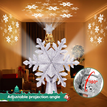 Mrrihand Christmas Tree Topper Lighted with 6 Projection Modes, Built-in 360° LED Rotating Projector Christmas Tree Star, 3D Snowflake Design for Xmas Holiday Christmas Tree Decoration-Silver