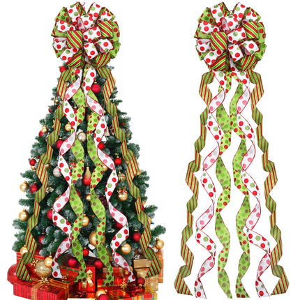 Tigeen Christmas Tree Bow Topper 52 x 12 Inch Red Green White Polka Dot Large Toppers Bow Present Bow with Glitter Streamers for Wreaths Xmas Party Holiday Festival Decorations