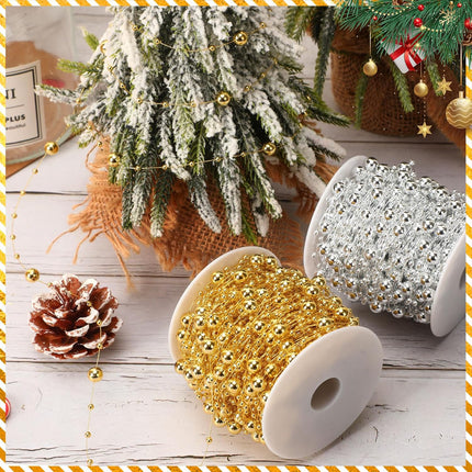 Jansun Christmas Tree Beads Garland, 2 Rolls 197 Feet Gold Silver Christmas Pearl Strands Chain Bead Garland for Christmas Tree Fireplace Wreath Crafts Wrapping Wedding Party Decoration