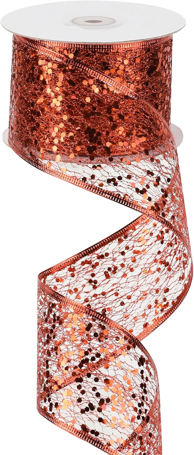 MEEDEE Red Glitter Ribbon Wire Mesh Ribbon with Sparkle Red Christmas Ribbon 2.5 Inch Metallic Ribbon Red Wired Ribbon for Christmas Tree Decoration, Ribbon Garland, Wreath Bow Making (25 Yards)