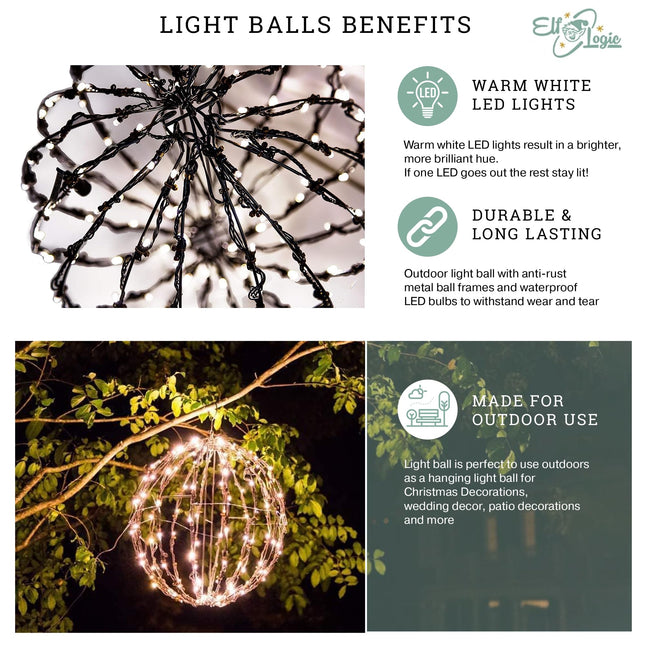 Elf Logic 12” Outdoor/Indoor LED Christmas Light Ball with Automatic Timer. Durable, Waterproof, Long-Lasting, Lightweight Bright Light Ball. Warm LED Lights for Holiday Decor, Patio, Wedding Decor