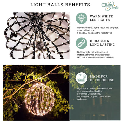 Elf Logic 16” Outdoor/Indoor LED Christmas Light Ball. Durable, Waterproof, Long-Lasting, Lightweight Bright Light Ball. Warm LED Lights for Holiday Decor, Patio, Wedding Decor