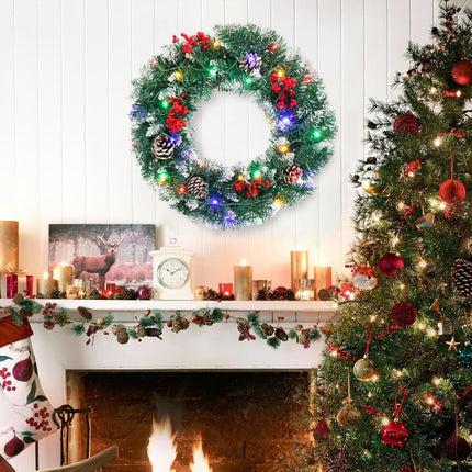 Christmas Wreath, Outdoor Lighted Wreaths for Christmas, Front Door Christmas Wreaths with 30 LED, Pre-Lit Battery Powered Christmas Door Decorations with Pine Cones, Berry Clusters, 18 Inches
