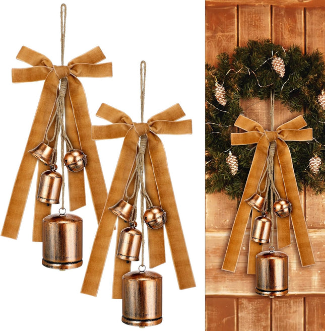 2 Set Christmas Rustic Cow Bells Rustic with 25 Yard Velvet Ribbon Vintage Christmas Handmade Hanging Bells for Xmas Tree Wreath Door Garland Home Ornaments Parties s