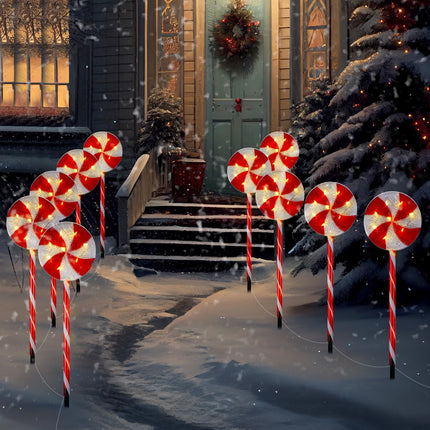 Bencailor 10 Pcs Christmas Pathway Marker Light Xmas Red and White Lollipop Solar Powered Light Christmas Outdoor Decoration Candy Cane Driveway Light Plugin for Yard Patio (Novel)