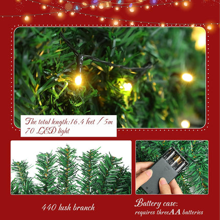 Jexine Christmas Garland Decoration, 16.4 Ft Lighted Xmas Garlands with 70 LED Lights, Christmas Artificial Greenery Garlands Battery Powered String Light for Outdoor Indoor Garden Party(1 Pcs)