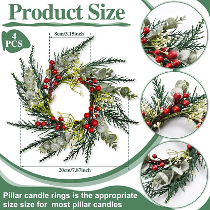 Christmas Candle Rings Artificial Red Berries Snowy Pine Needles Garland Candle Rings Wreaths Candle Rings for Pillars Rustic Wedding Centerpiece Christmas Table Decoration for Front Door (12 Pcs)