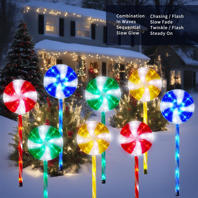 Christmas Solar Pathway Lights, 27" Set of 4 Lollipops Peppermint Stake Lights, 8 Modes Candy Cane Walkside Lights, Outdoor Xmas Decoration for Walkway,Yard(Red,Green,Blue,Yellow) (8PCS-Multicolor)