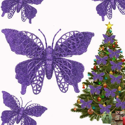 15 PCS Glitter Christmas Tree Butterfly Ornaments, Hollow Butterfly Christmas Decorations with Clips, Artificial Butterfly Ornaments Decoration for Christmas Tree, DIY Xmas Wreath Decor - Dark Purple