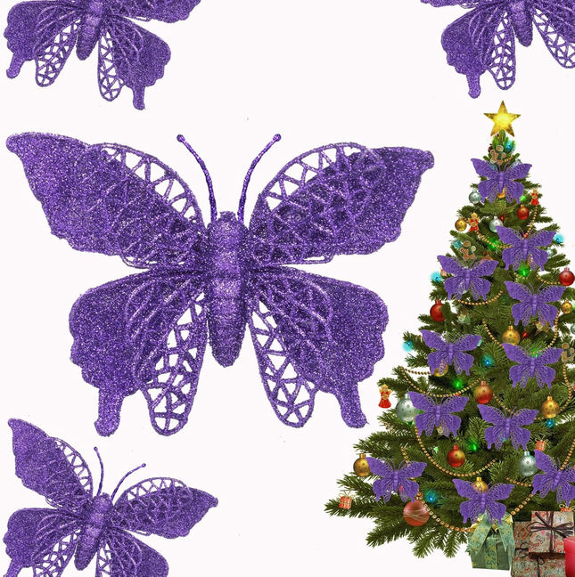 15 PCS Glitter Christmas Tree Butterfly Ornaments, Hollow Butterfly Christmas Decorations with Clips, Artificial Butterfly Ornaments Decoration for Christmas Tree, DIY Xmas Wreath Decor - Dark Purple
