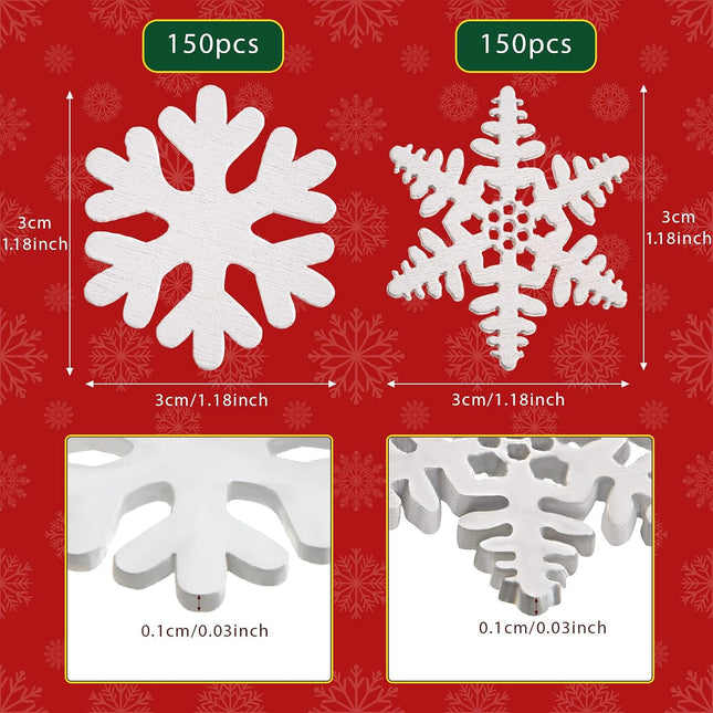 300 Pieces Snowflake Wood Slices Christmas Snowflakes Tags White Snowflake Ornaments Snowflake Embellishments Wooden Cutouts for DIY Crafts Christmas Tree Hanging Table Decoration (Simple, Dendrites)
