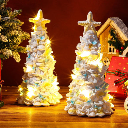 Tioncy 2 Pcs 11.8 Inch Seashell Christmas Tree Resin Seashell Christmas Tree Handmade Crafts with 2 Pcs LED String Light DIY Beach Xmas Decorations s for Table Party Supplies