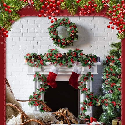 18 ft Red Berry Christmas Garland Artificial Berry Garland Xmas Decorations Indoor Outdoor Farmhouse Pine Leaves Winter Garland for Home Christmas Holiday Year Decor (Unlighted)