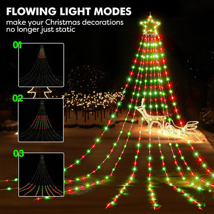BlcTec Outdoor Christmas Decorations, 352 LED Christmas Star Lights with 9 Strands 11.7ft Waterfall Christmas Tree Lights, 8 Modes, Waterproof, Timer for Yard Patio Xmas Décor, Flowing Red and Green
