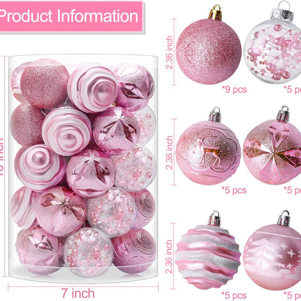 Christmas Tree Ornaments Pink: Christmas Decorations Shatterproof Xmas Balls Ornament Decor, 60mm / 2.36 inches, Set of 34pcs