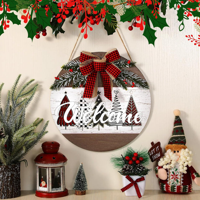 Boao Christmas Door Sign Merry Christmas Welcome Hanging Wall Sign for Front Door 11.8'' Round Xmas Tree Christmas Wreath Wooden Porch Sign with Bow Porch Farmhouse Home Wall Decor(Novel)