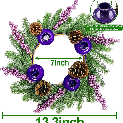 [ Safety Fire Retardant ] Christmas Purple Advent Wreath Decoration, Lifelike Spruce Christmas Centerpiece with 4 Candle Holder Pinecone 6 Berry Advent Decor for Table Holiday Home Church(No Candles)