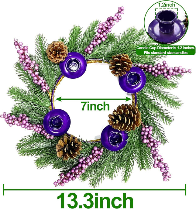 [ Safety Fire Retardant ] Christmas Purple Advent Wreath Decoration, Lifelike Spruce Christmas Centerpiece with 4 Candle Holder Pinecone 6 Berry Advent Decor for Table Holiday Home Church(No Candles)