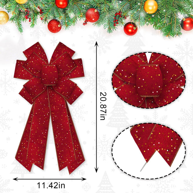 Hying Large Christmas Bows for Wreath, Christmas Wreath Bow Glitter Red Velvet Bows Xmas Tree Topper Bows Ornaments for Front Door Year Christmas Party Decoration Supplies