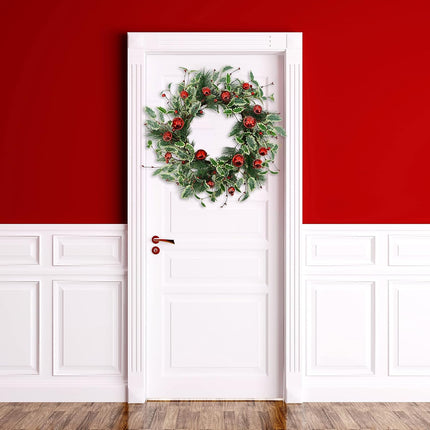 Artificial Christmas Wreath Winter Wreath with Holly Leaves,Red Bell for Front Door Indoor Outdoor Farmhouse Wall Holiday Decor