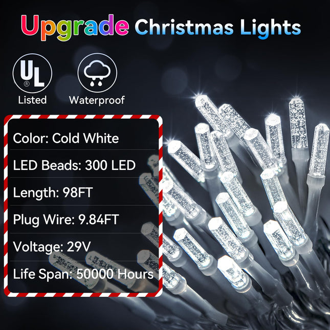 Hezbjiti 300LED 108FT Christmas Lights Outdoor, 8 Modes Fairy Lights with Timer and Dimmable IP44 Waterproof Plug in LED String Lights for Xmas House Yard Fence Tree Decorations (Cold White)