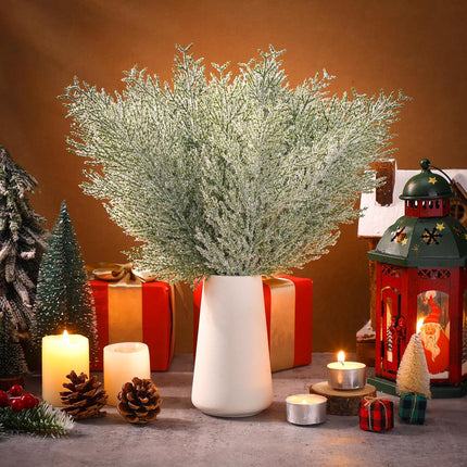 Lyrow 96 Pcs Christmas Snowy Artificial Pine Needles Branches Twigs Fake Pine Picks Fake Tree Branches Faux Pine Sprigs Greenery Stems for Holiday Garden DIY Crafts Wreaths Garlands Party Decorations